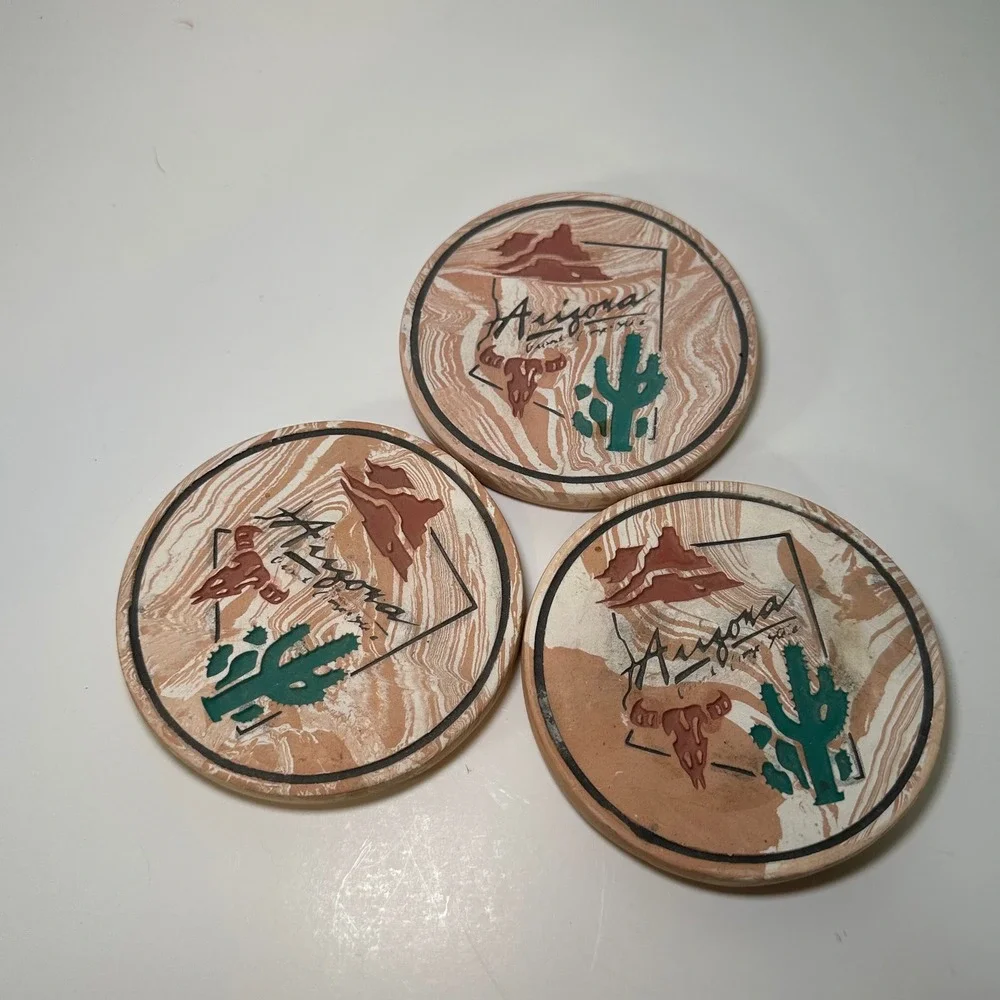 Vintage Arizona Souvenir Stone Coasters Set of 3 Cactus Steer Skull Cork Back